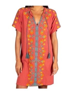 Natural Life 100% Cotton Floral  Embroidered Tassel Dress, Orange & Green, Small